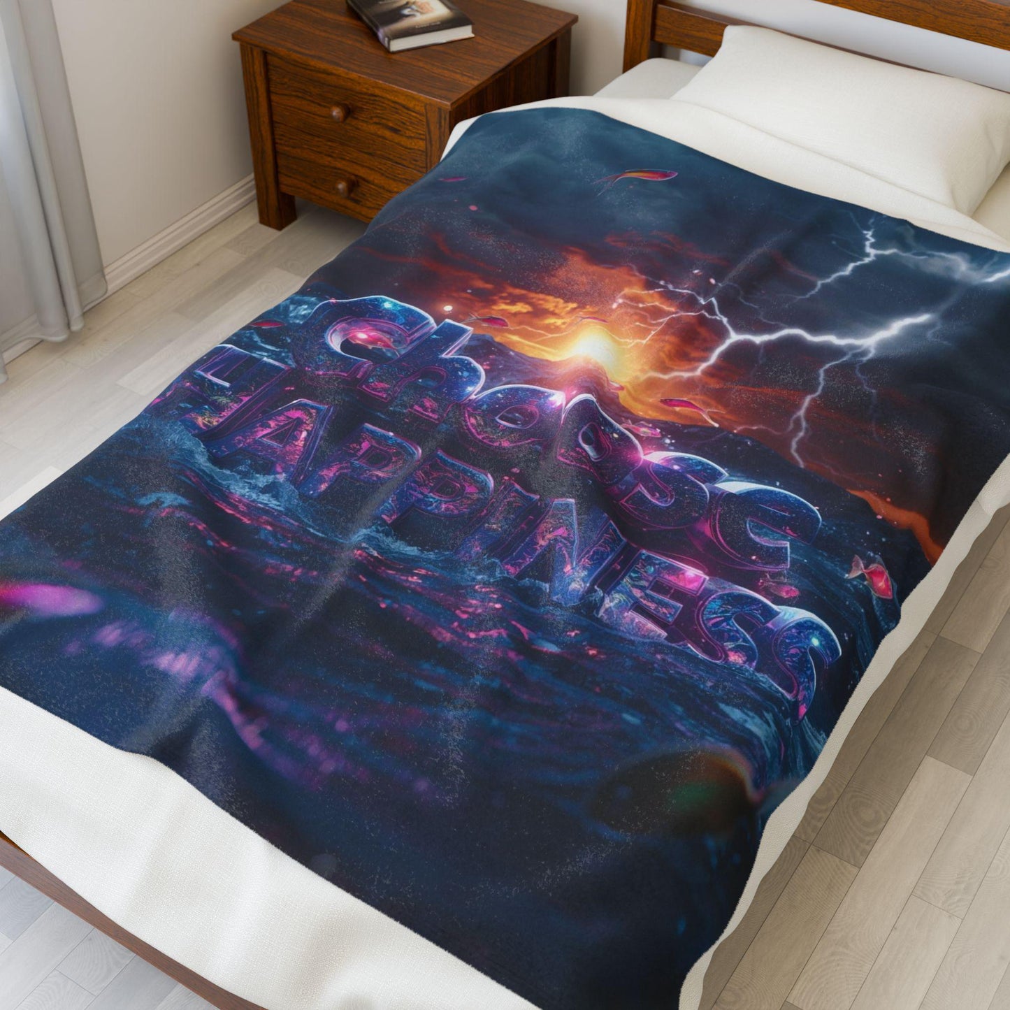 Choose Happiness Velveteen Plush Blanket | Motivational Text Sunset Storm Design