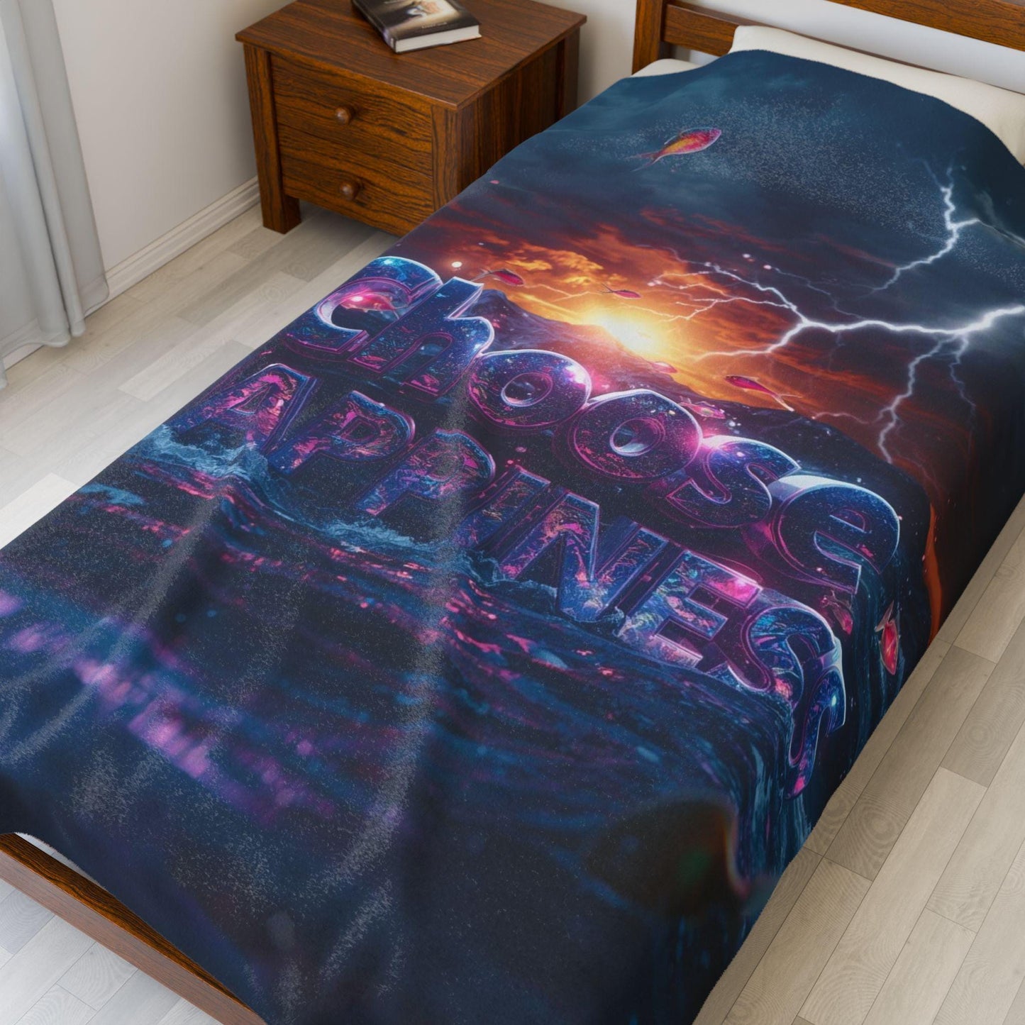 Choose Happiness Velveteen Plush Blanket | Motivational Text Sunset Storm Design