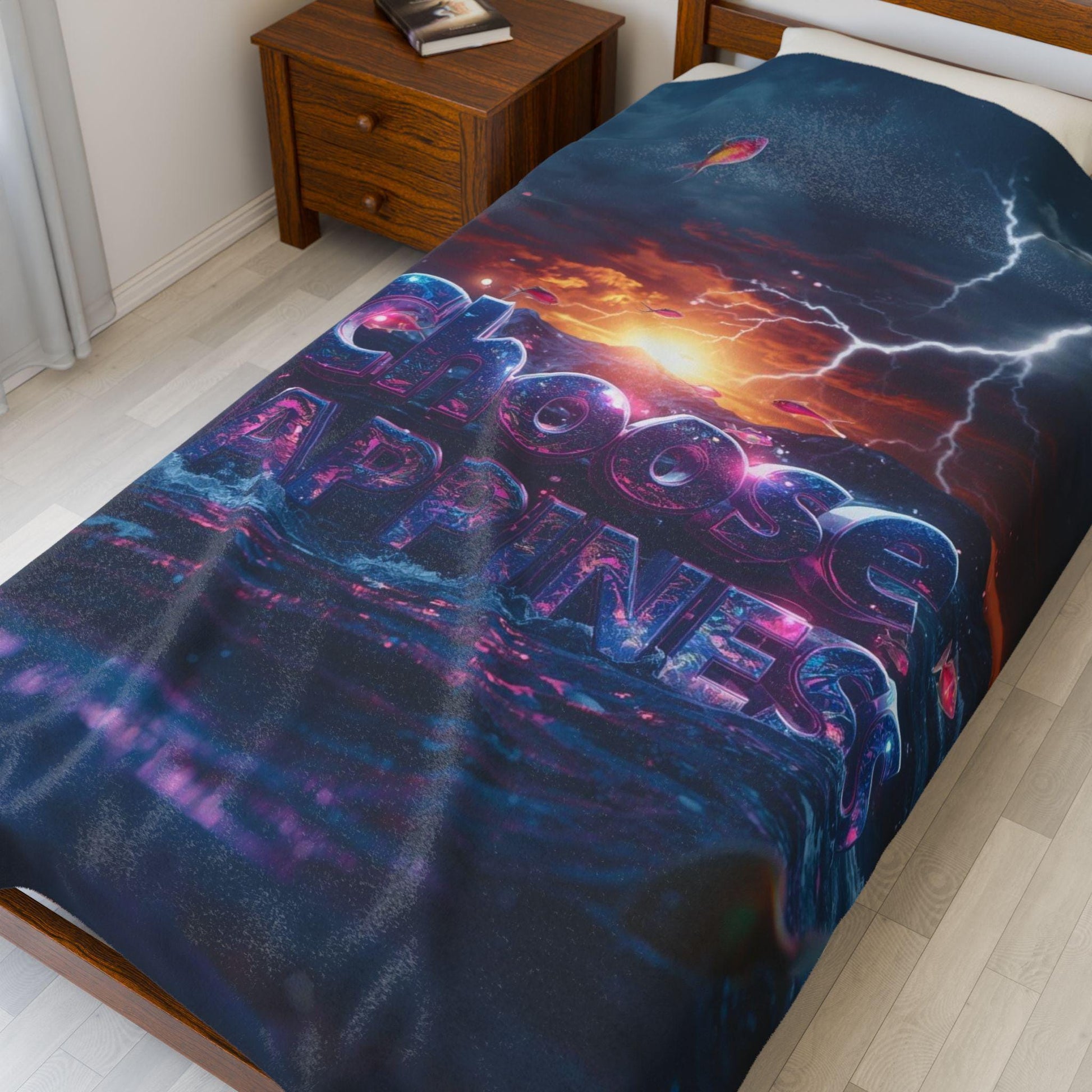 Choose Happiness Velveteen Plush Blanket | Motivational Text Sunset Storm Design