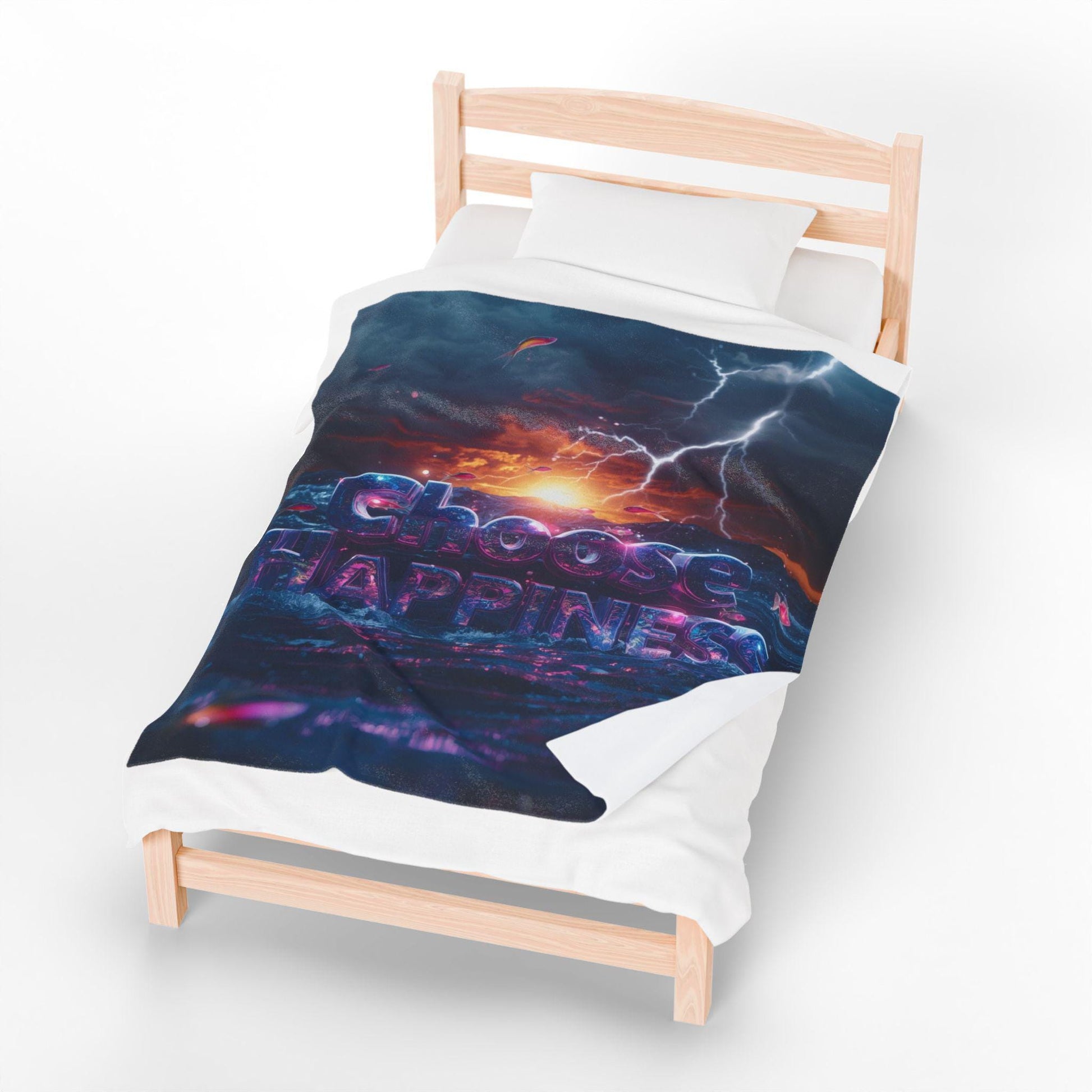 Choose Happiness Velveteen Plush Blanket | Motivational Text Sunset Storm Design