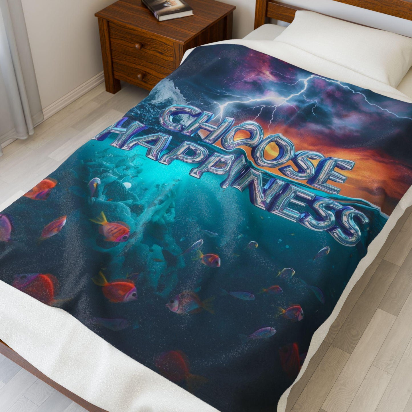 Choose Happiness Velveteen Plush Blanket | Ocean Scene, Lightning Sky, Colorful Fish