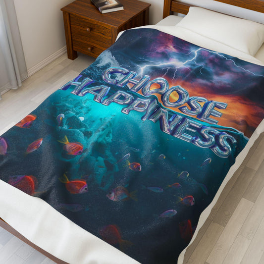 Choose Happiness Velveteen Plush Blanket | Ocean Scene, Lightning Sky, Colorful Fish