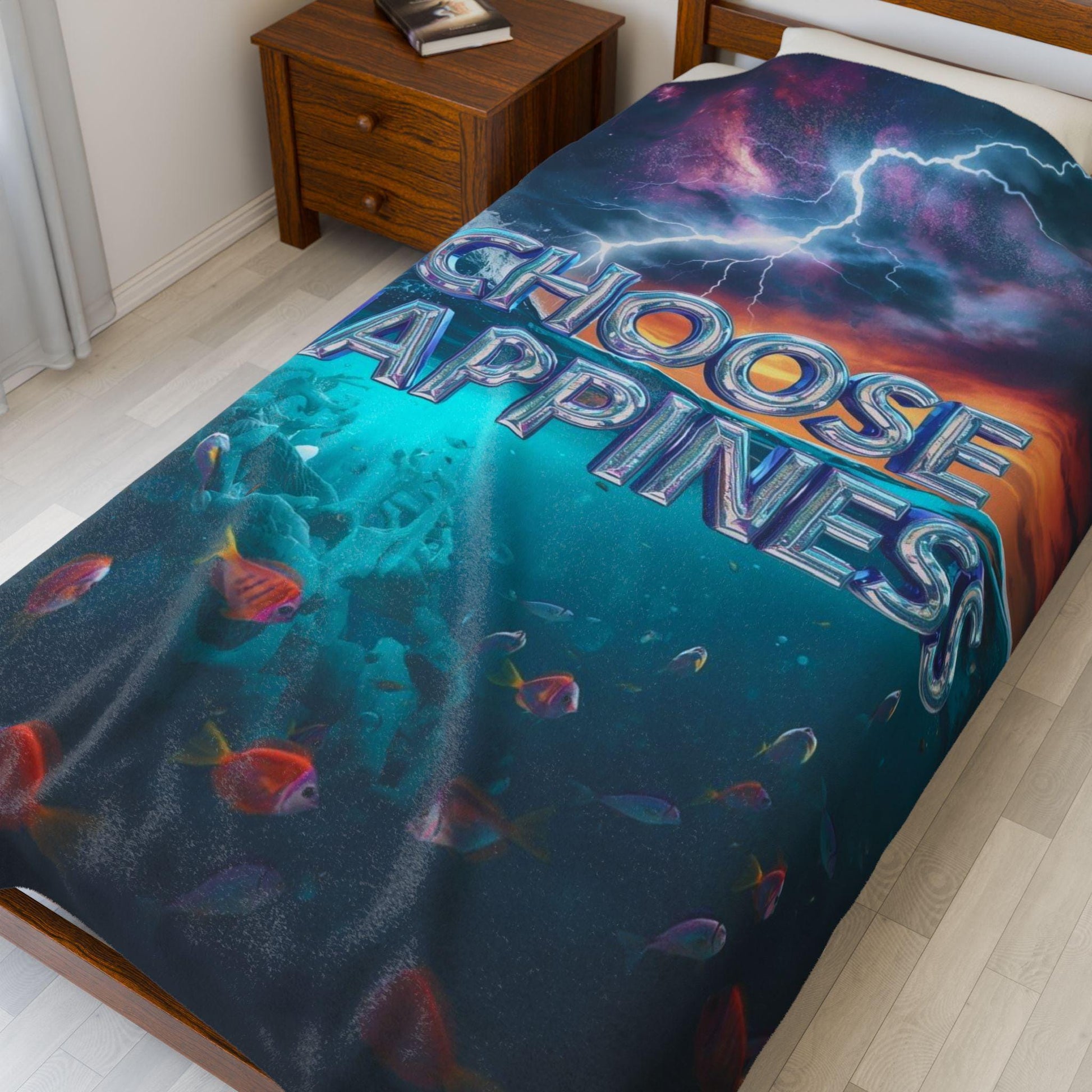 Choose Happiness Velveteen Plush Blanket | Ocean Scene, Lightning Sky, Colorful Fish