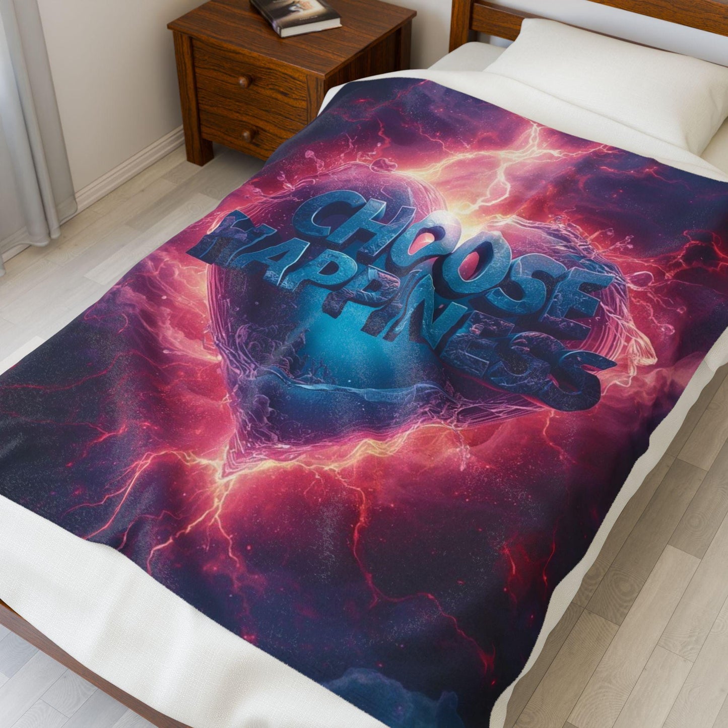 Choose Happiness Heart Velveteen Plush Blanket | Neon Lightning Graphic Throw