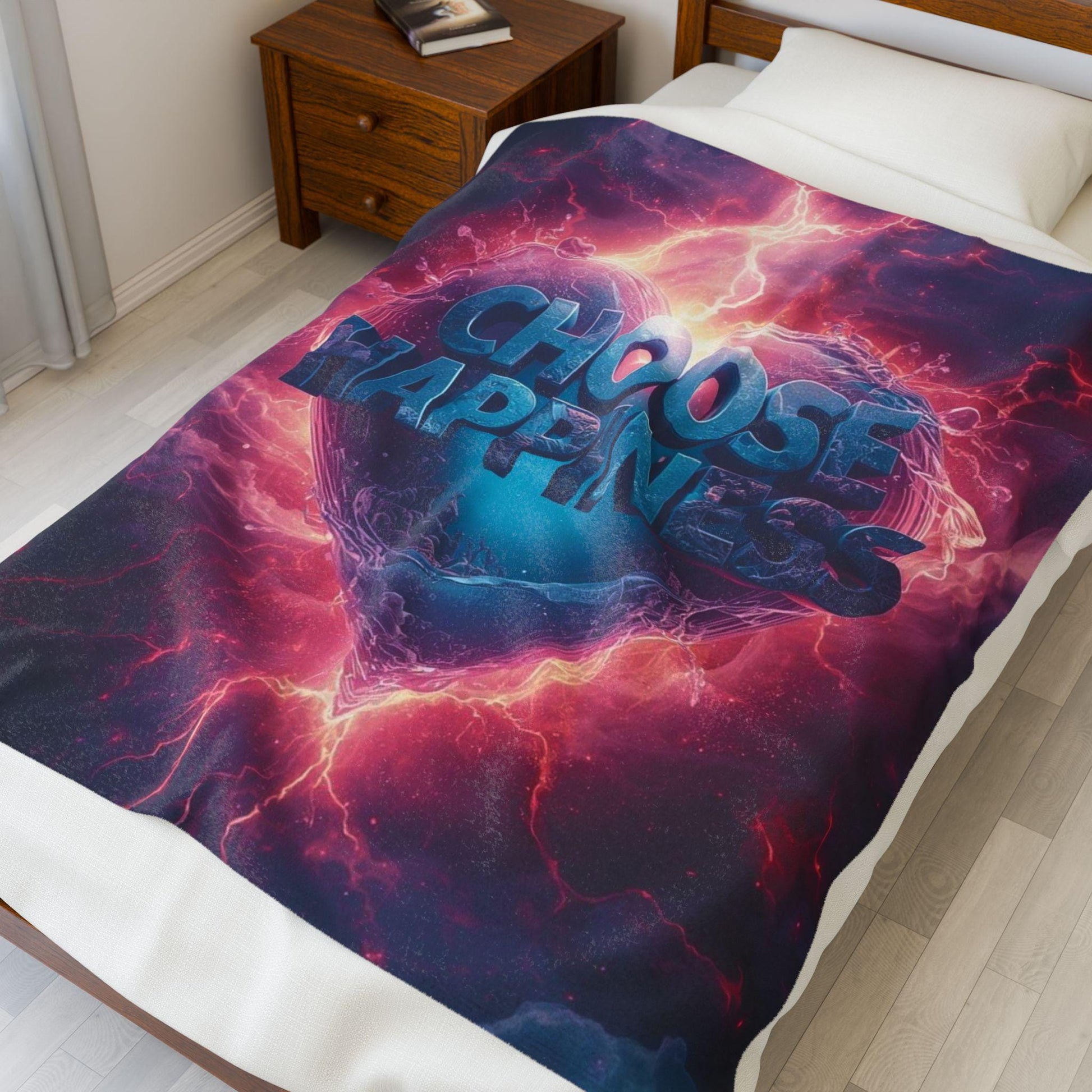 Choose Happiness Heart Velveteen Plush Blanket | Neon Lightning Graphic Throw