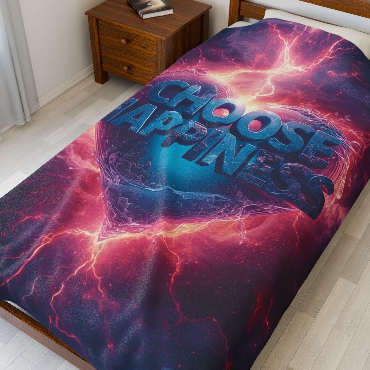 Choose Happiness Heart Velveteen Plush Blanket | Neon Lightning Graphic Throw