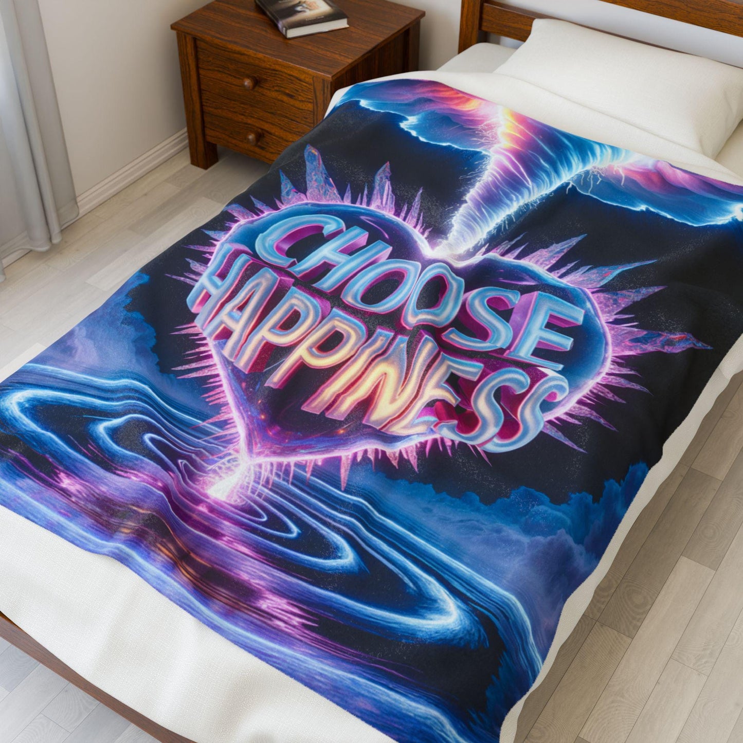 Choose Happiness Velveteen Plush Blanket | neon retro vaporwave