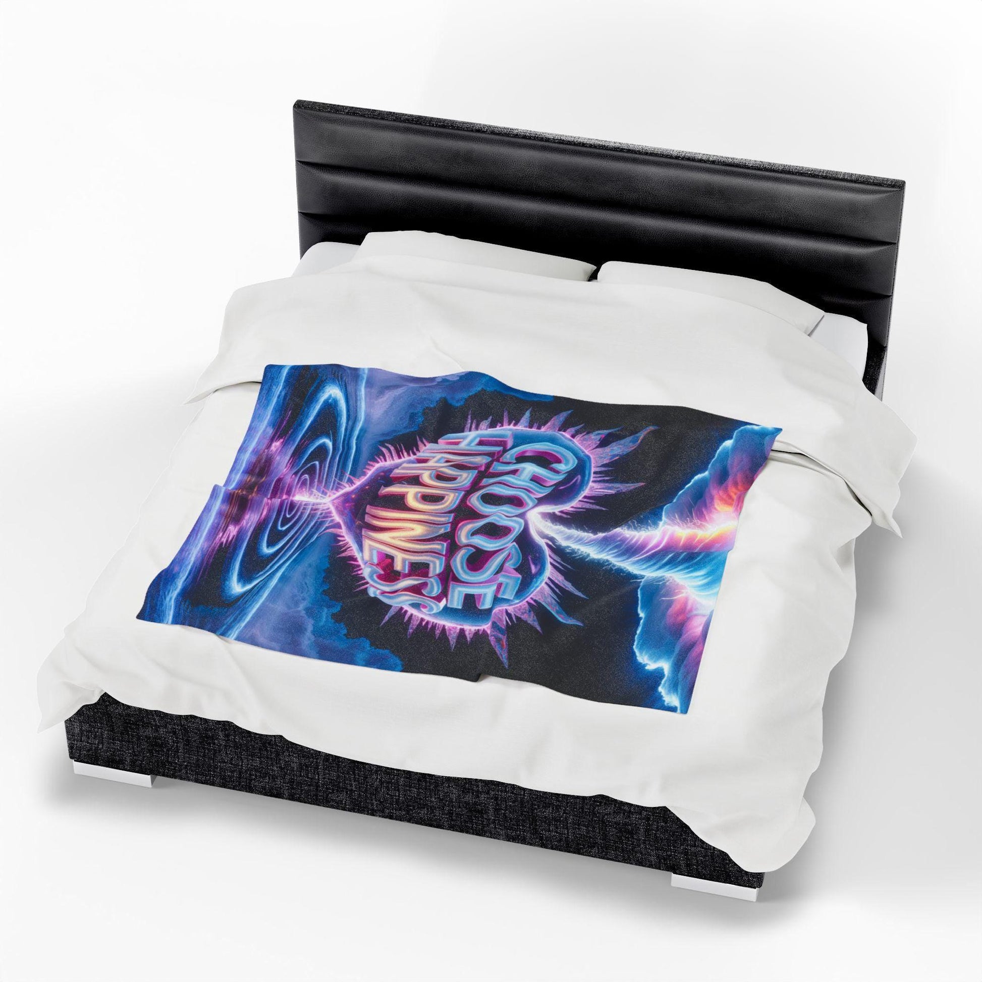 Choose Happiness Velveteen Plush Blanket | neon retro vaporwave