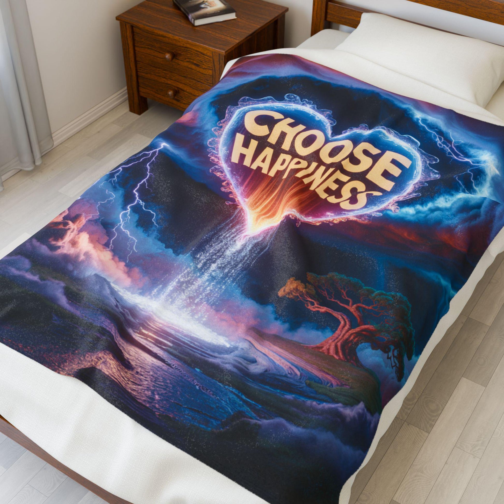 Choose Happiness Velveteen Plush Blanket | colorful surreal landscape