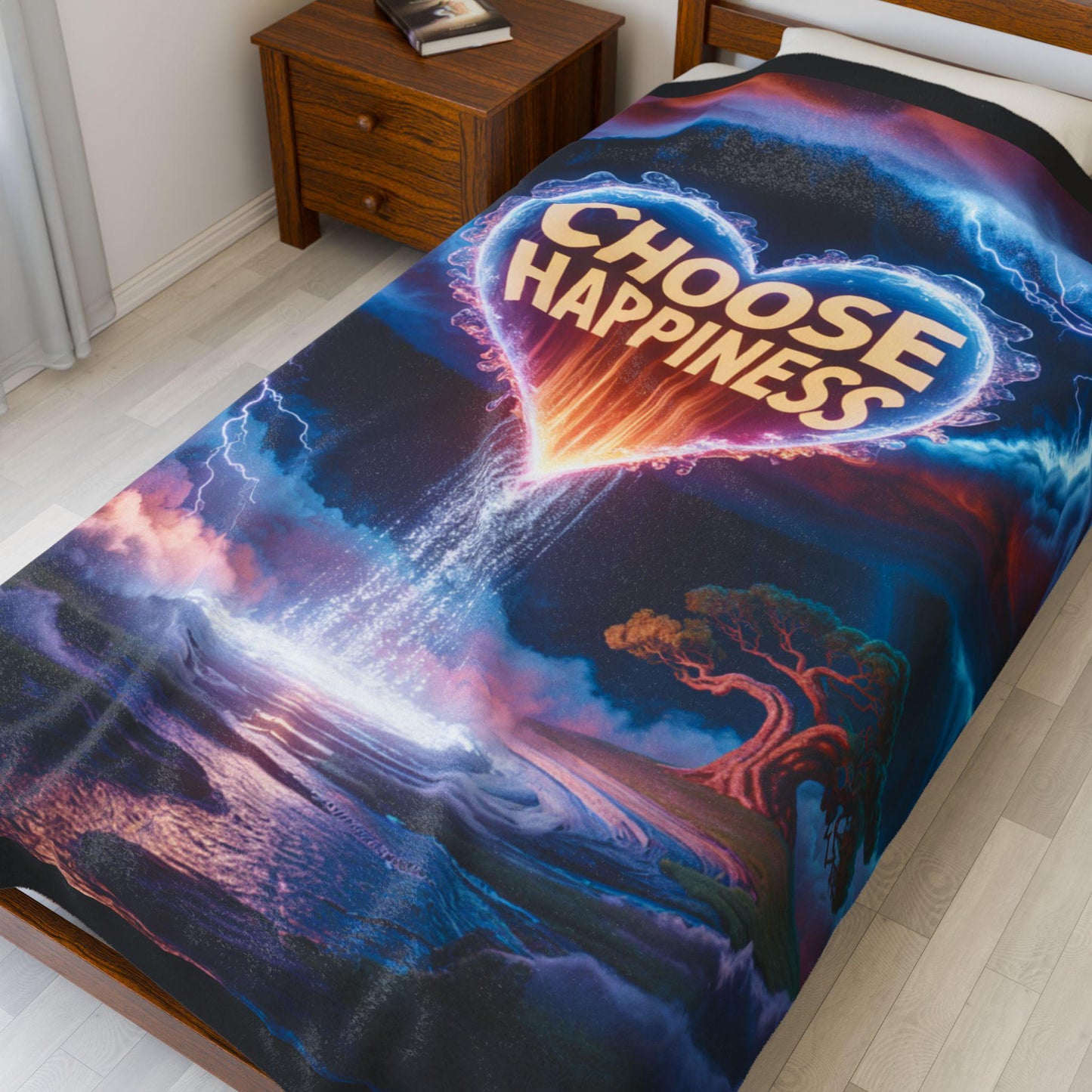 Choose Happiness Velveteen Plush Blanket | colorful surreal landscape