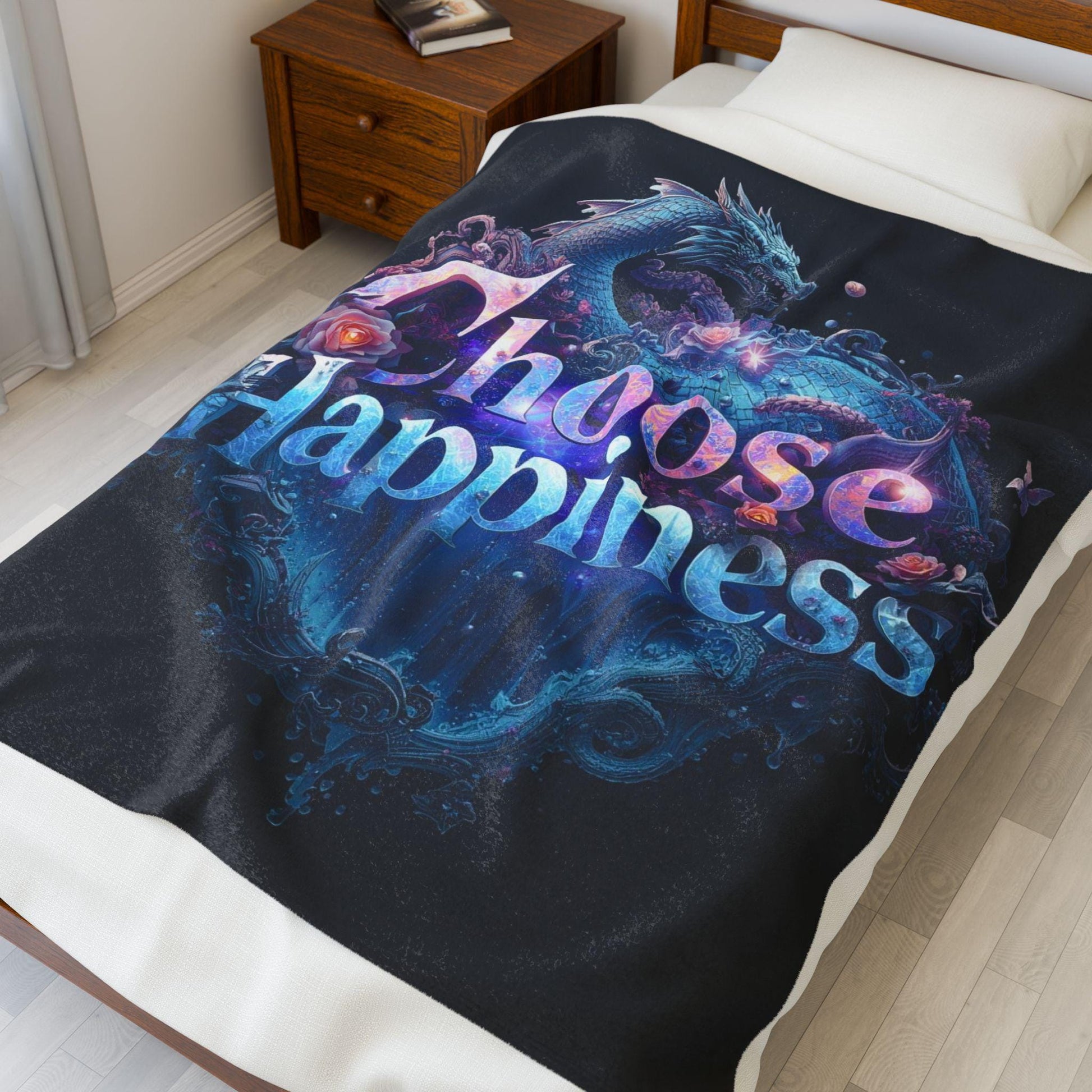 Velveteen Plush Blanket, Dragon Lover Gift, Cozy Throw Blanket, Choose Happiness,