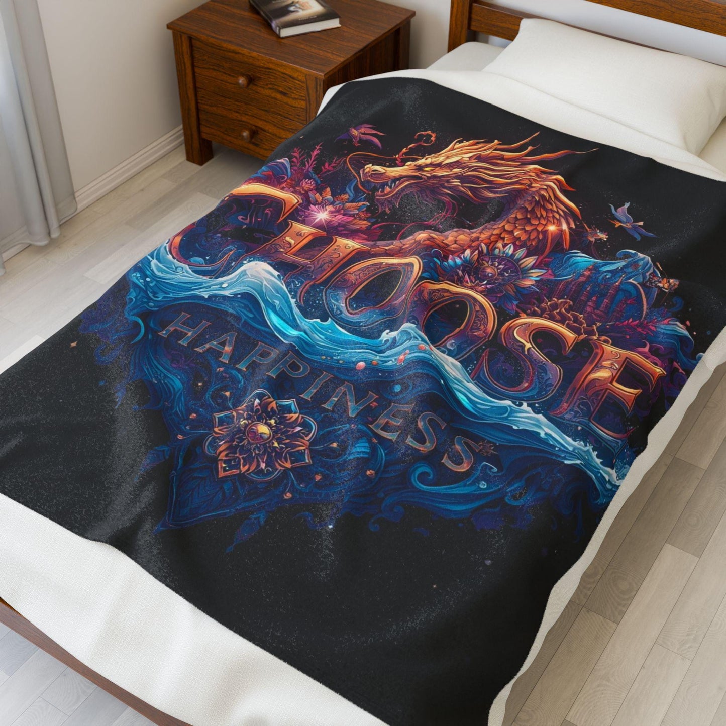 Velveteen Plush Blanket, Choose Happiness, Cozy Throw, Gift for Dragon Lover