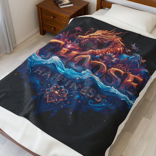 Velveteen Plush Blanket, Choose Happiness, Cozy Throw, Gift for Dragon Lover